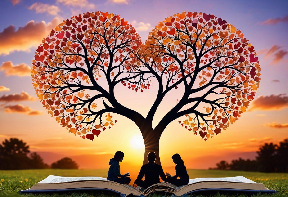 A heart-shaped tree with vibrant leaves symbolizing emotional growth, surrounded by diverse couples engaging in heartfelt conversations, sharing laughter and support. The background features a warm sunset symbolizing hope and connection in romantic relationships, while educational symbols like books and graduation caps are subtly integrated into the scene. super-realistic. vibrant colors. soft focus.