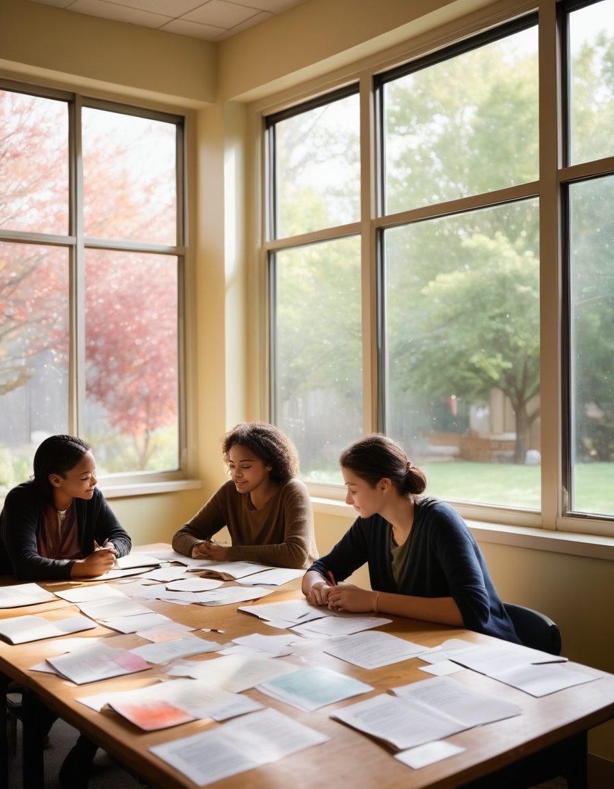 A serene classroom setting filled with diverse students engaged in deep conversations about love and relationships, with books and notes scattered around. Soft light filters through large windows, casting a warm glow on their faces. A chalkboard in the background features keywords like 'Empathy', 'Connection', and 'Growth'. The atmosphere is vibrant and inviting, emphasizing collaboration and understanding. watercolors, soft focus, vibrant colors.