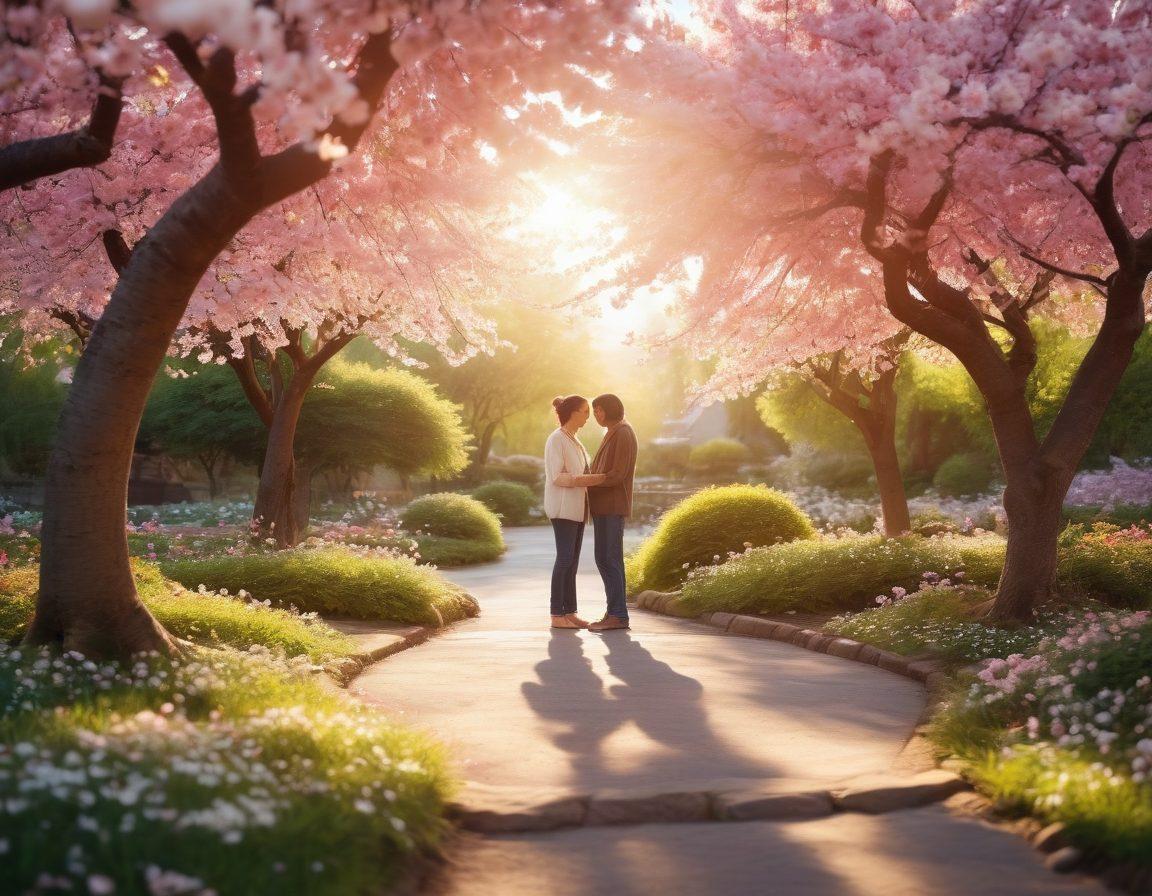 A serene heart-shaped garden symbolizing love and connection, with diverse individuals engaging in heartfelt conversations under blooming cherry blossom trees. Soft sunlight filters through the leaves, casting gentle shadows. Flowers representing different cultures and emotions blend harmoniously in the background, creating a warm, inviting atmosphere. super-realistic. vibrant colors. soft focus.